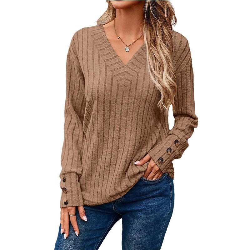 Damen Gerippter V-Ausschnitt Strickpullover mit Knopfmanschetten Echo Archiv