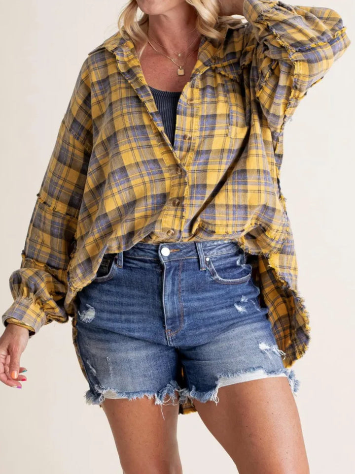 Damen nan oversized Karo-Überhemd mit Fransenbesatz, Brusttaschen und lockerer Passform Echo Archiv