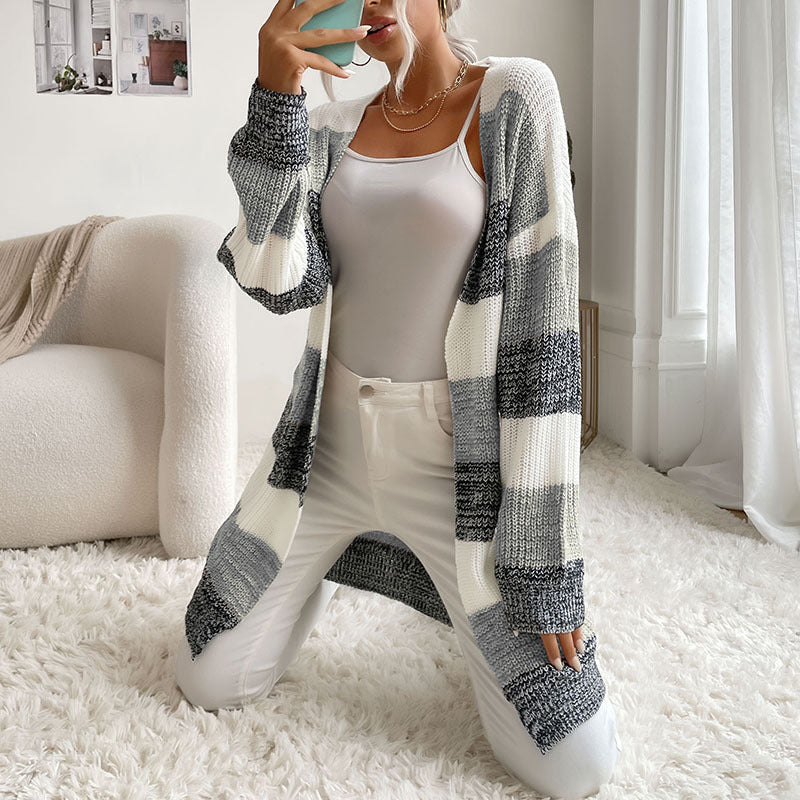 Damen Longline Strickcardigan mit breiten Blockstreifen, offener Front und überschnittener Schulter Echoarchiv