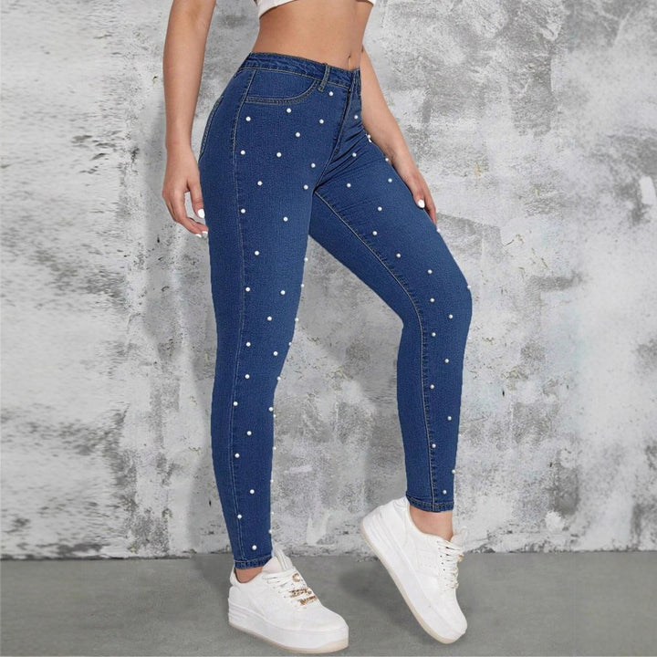 Damen hochtaillierte Skinny-Jeans mit Perlenbesatz Echo Archiv