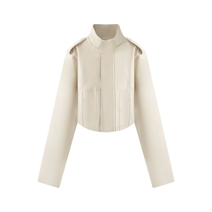 Damen Kurze Lederoptik-Jacke mit Korsagennaht und Stehkragen Echo Archiv