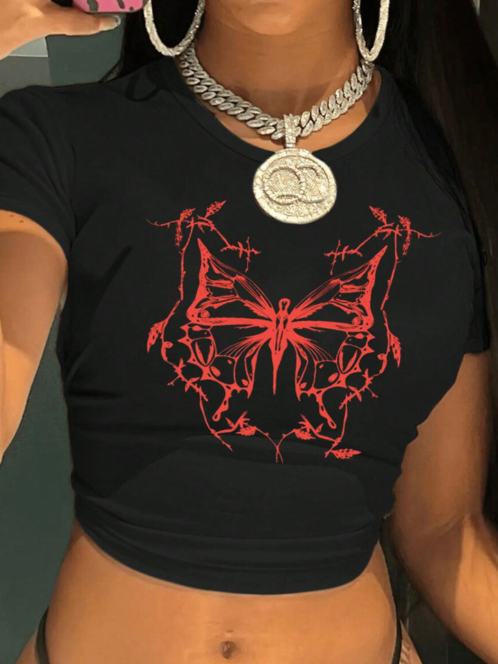 Damen figurbetontes Kurzarm-T-Shirt mit verspieltem Aufdruck Echo Archiv