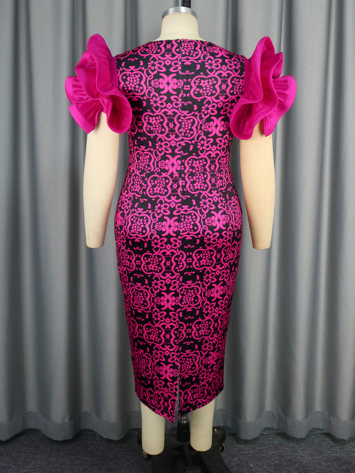 Damen Elegantes Etuikleid mit innovativen Puffärmeln und floralem Muster Echo Archiv