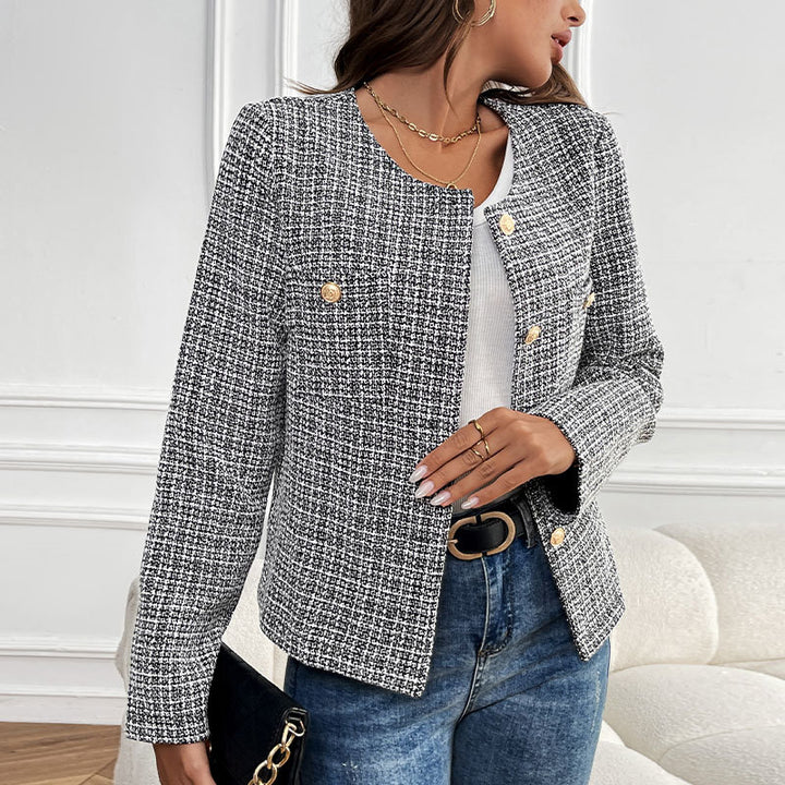 Damen Bouclé-Tweed-Blazer mit Rundhalsausschnitt, goldenen Zierknöpfen und kastiger Silhouette – Valéne