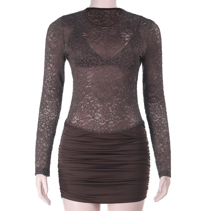 Damen verlaufendes Minikleid mit Spitzenoberteil und langem Arm Echo Archiv