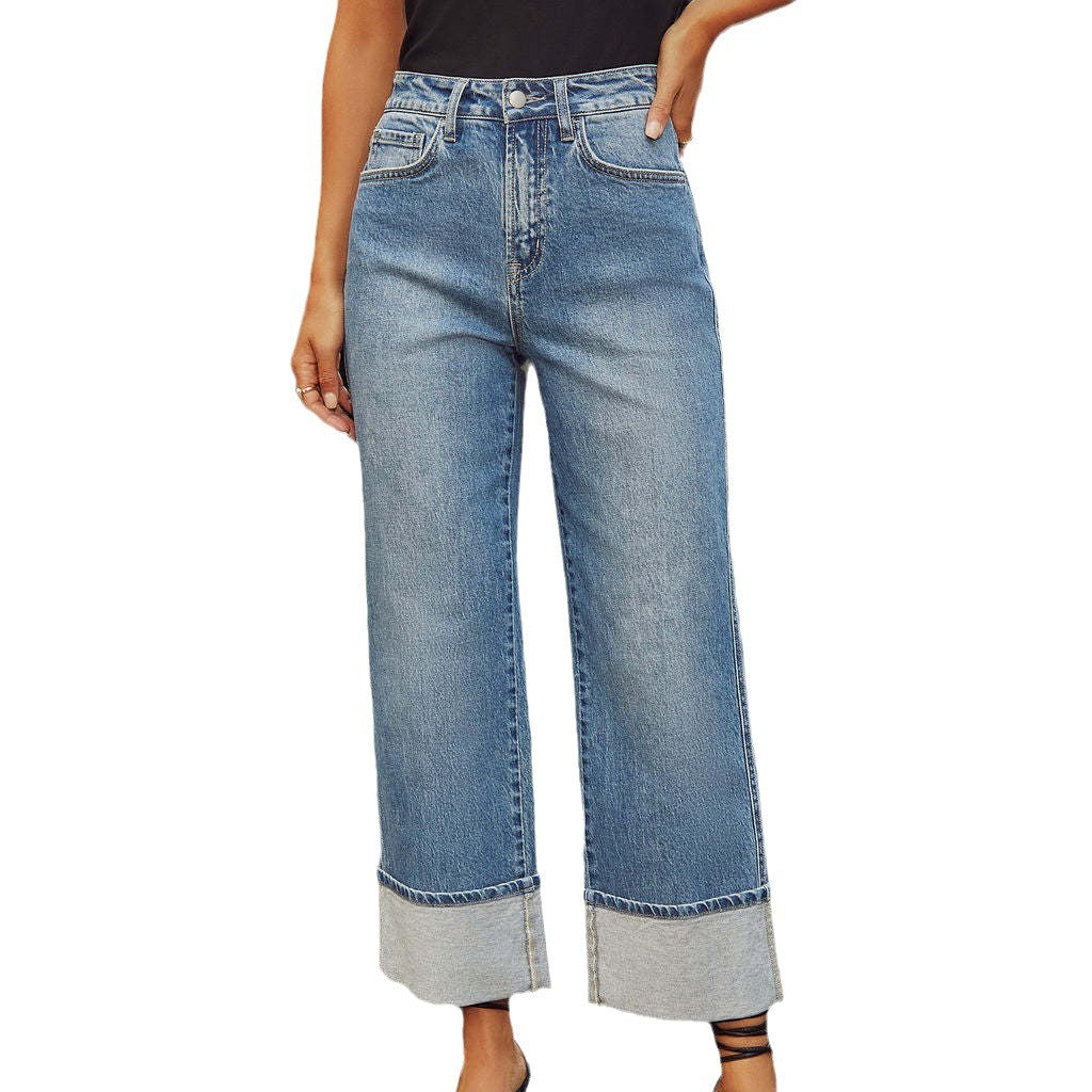 Damen nan hochgeschnittene Culotte-Jeans mit breitem Umschlag und geradem Bein Echo Archiv
