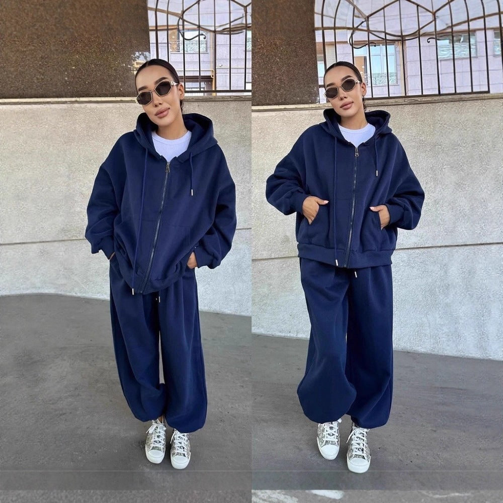 Damen übergroße Kapuzenjacke mit Reißverschluss und weite Jogginghose Lounge Set – Auréline