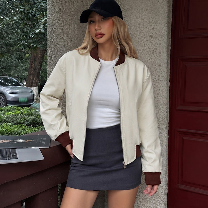 Damen Kurzjacke im Bomberstil mit kontrastierendem Stehkragen und gerippten Bündchen – Avenza