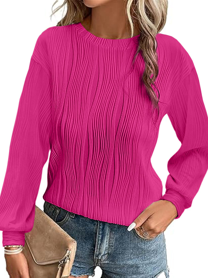 Damen Fein plissiertes Langarmshirt mit Rundhalsausschnitt und strukturierter Wellenoptik – Élovi