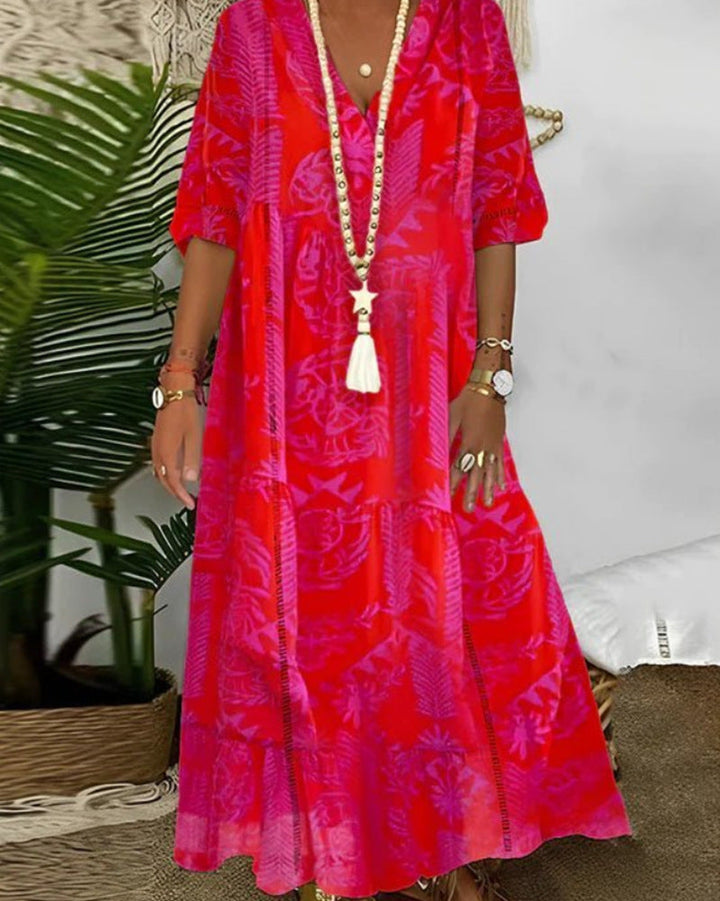 Damen nan Boho-Langkleid mit tiefem V-Ausschnitt, Stufenschnitt und legerer Oversize-Passform Echoarchiv