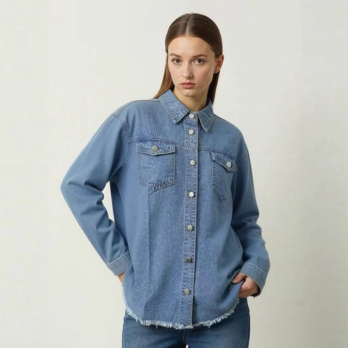 Damen Denim-Bluse im lässigen Schnitt mit Fransen und aufgesetzten Taschen Echo Archiv