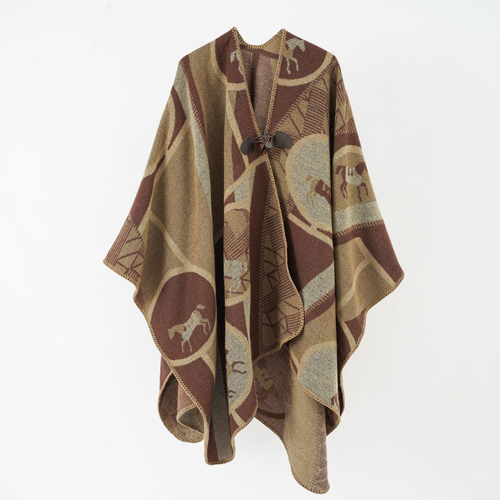 Damen Wollmix-Jacquard-Ruana mit Pferdemotiv, Knebelverschluss und offener Kimono-Silhouette – Montévia