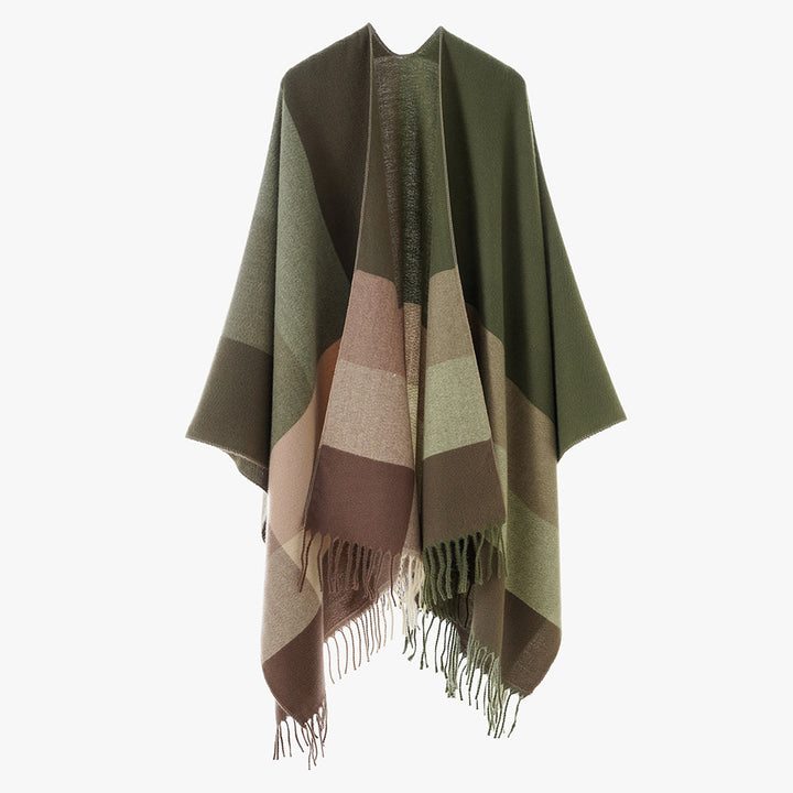 Damen Weit geschnittener Karierter Poncho mit Fransen und V‑Ausschnitt – Avérine