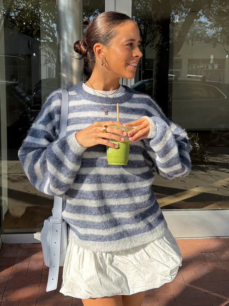 Damen Gestreifter Mohair-Mix Oversize-Pullover mit Ballonärmeln Echoarchiv