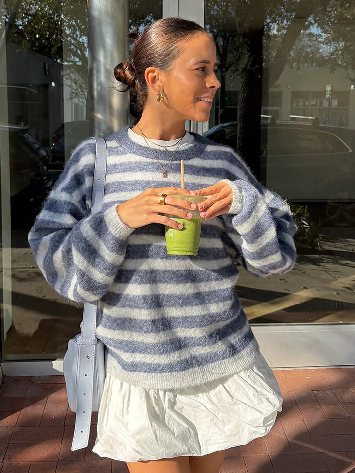 Damen Gestreifter Mohair-Mix Oversize-Pullover mit Ballonärmeln Echoarchiv