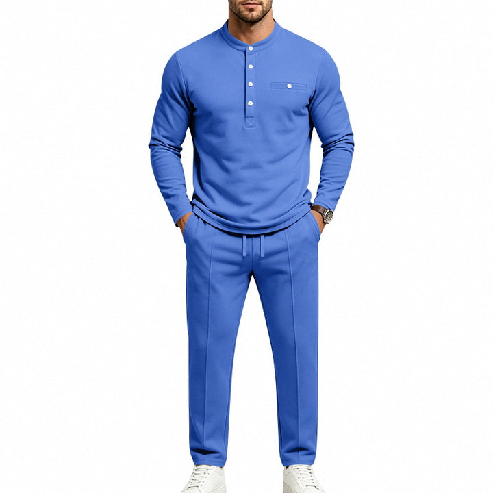 Herren Zweiteiliges Freizeitset mit Henley-Langarmshirt, Stehkragen und Komfort-Jogginghose – Sorevano
