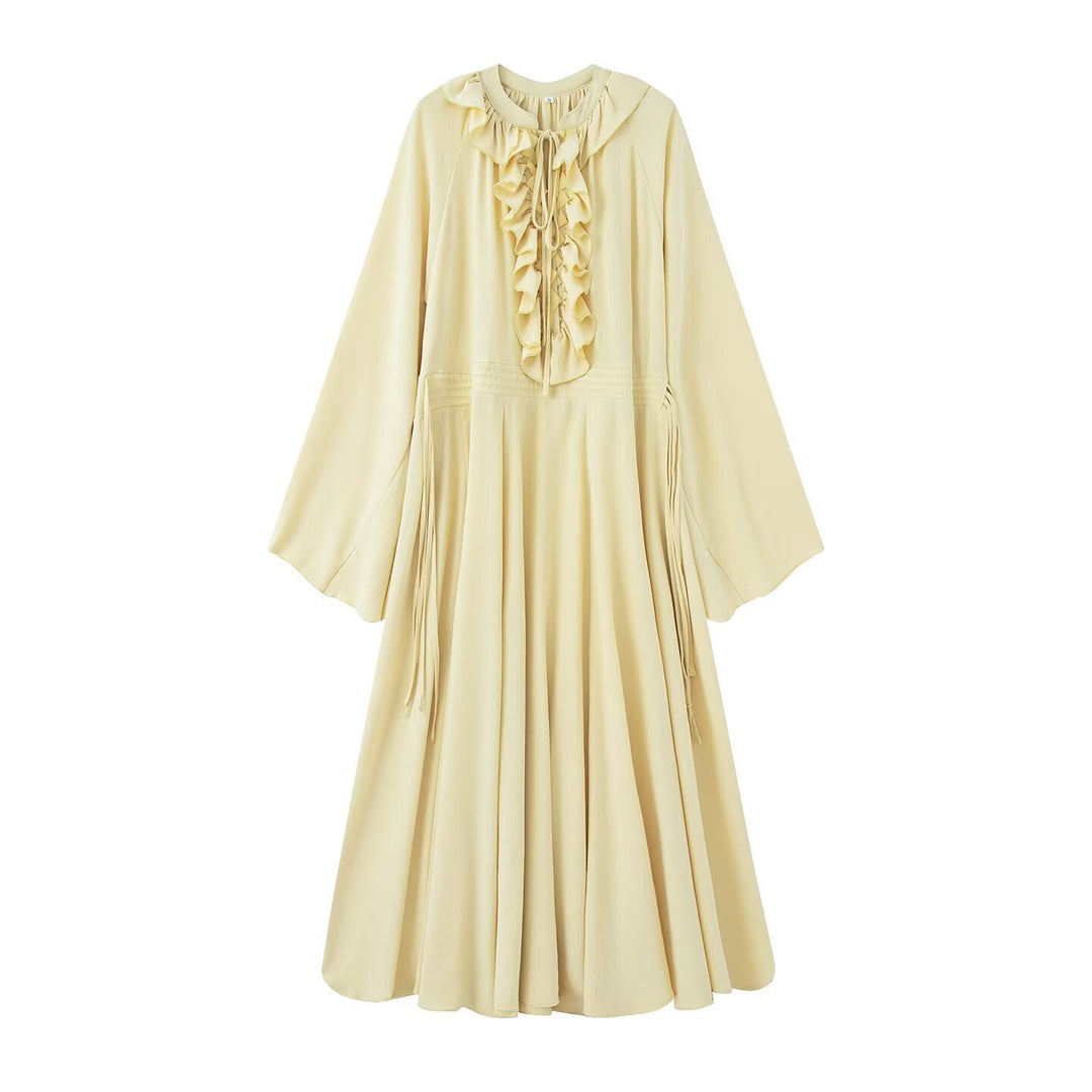 Damen Maxikleid mit Volants, Bindekragen und weitem Glockenärmel Echo Archiv