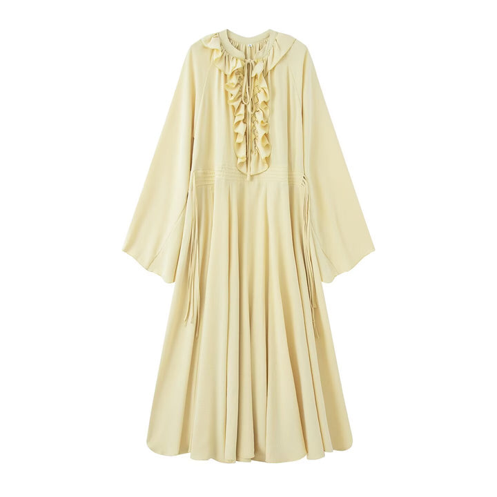 Damen Maxikleid mit Volants, Bindekragen und weitem Glockenärmel Echo Archiv