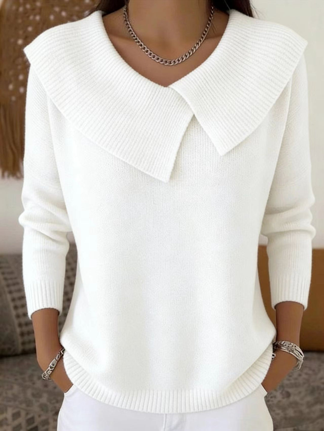 Damen nan grobgestrickter Pullover mit übergroßem Matrosenkragen und gerippten Abschlüssen Echo Archiv
