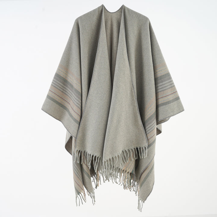 Damen Weichfallender Umlegeponcho mit gestreifter Bordüre und Fransensaum Echo Archiv