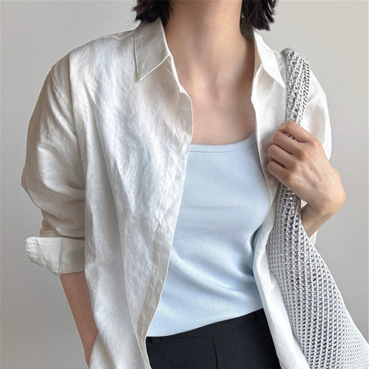Damen Lockeres Leinen‑Hemd mit kastiger Silhouette, umgeschlagener Manschette und Kentkragen – Maréline