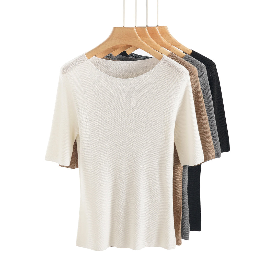 Damen Lockeres Feinstrick-Tunika-Shirt mit U-Boot-Ausschnitt und Fischgrätstruktur Echo Archiv
