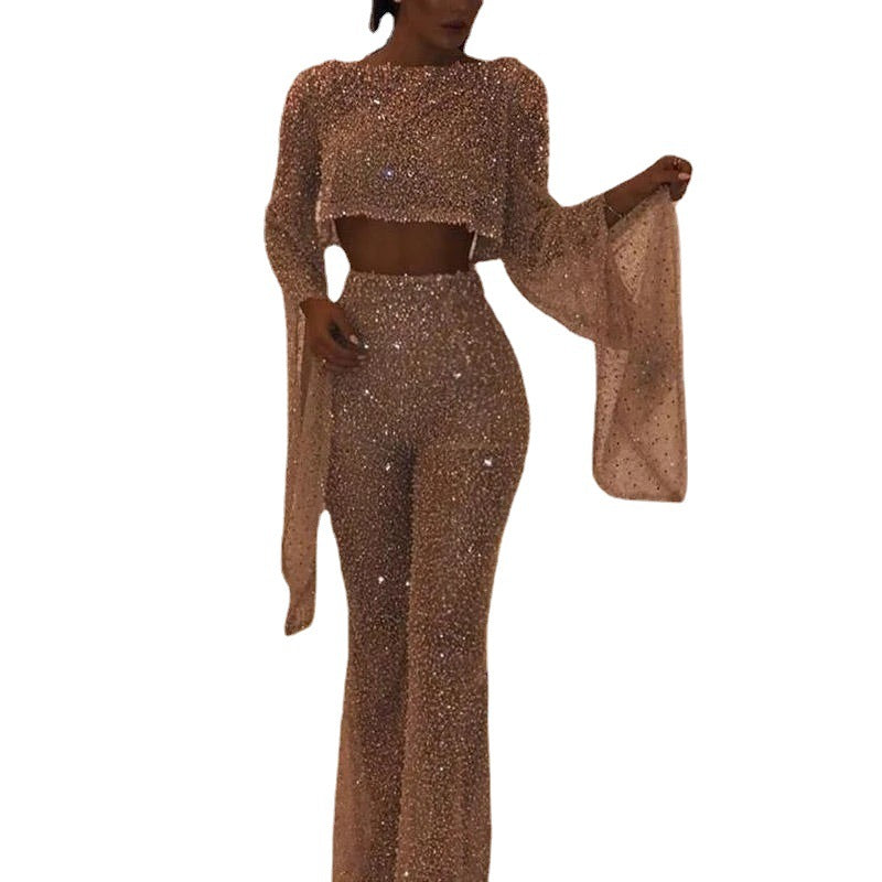 Damen Glitzerndes Zweiteiliges Set mit weitem Bein und langen Ärmeln Echoarchiv