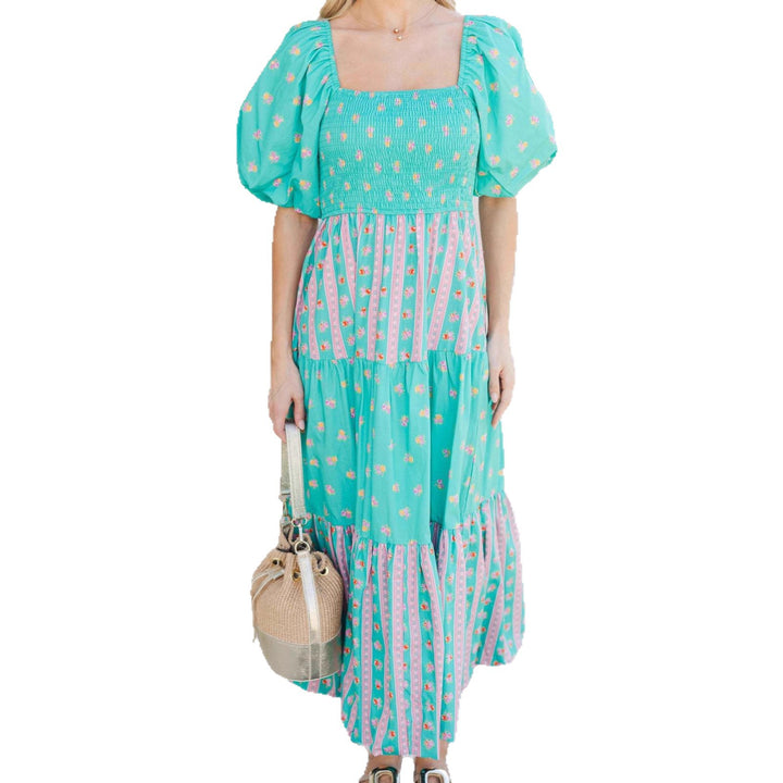 Damen Maxikleid mit gerafftem Oberteil und voluminösen Puffärmeln Echo Archiv