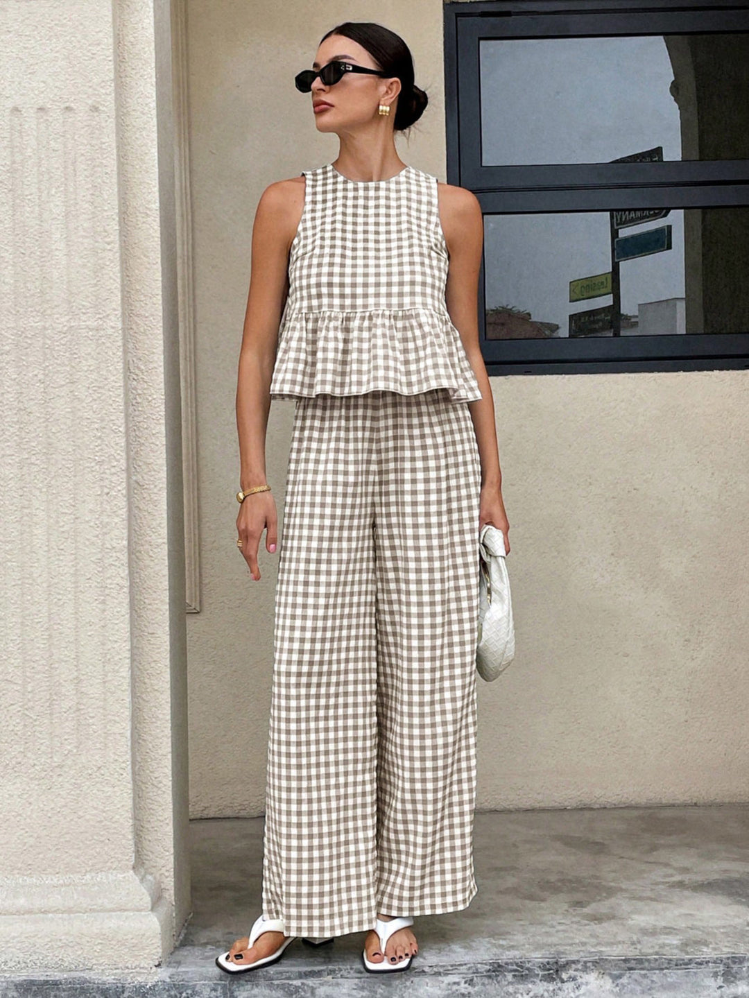 Damen Zweiteiliges Vichy-Karo-Set mit tailliertem Volanttop und weiter Palazzo-Hose Echo Archiv