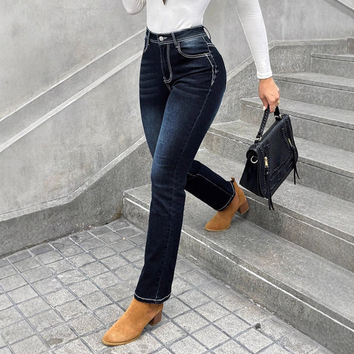 Damen Hochgeschnittene schmal geschnittene Straight-Jeans mit Kontrastnähten und leichtem Schlag Echo Archiv