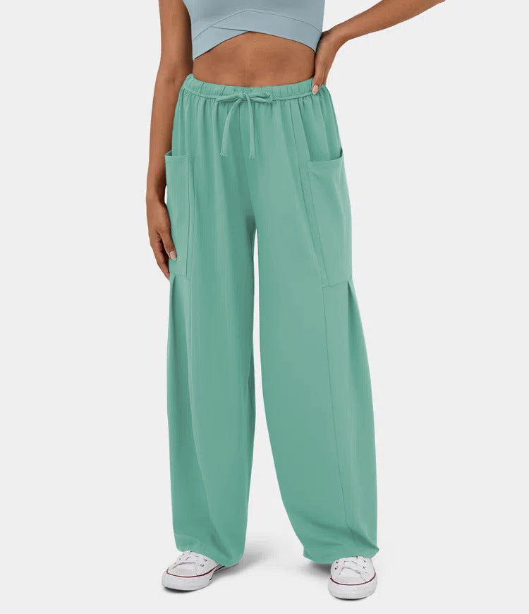 Damen Weite Relax‑Hose mit hohem Elastikbund, Tunnelzug und großen Cargo-Taschen – Avérine