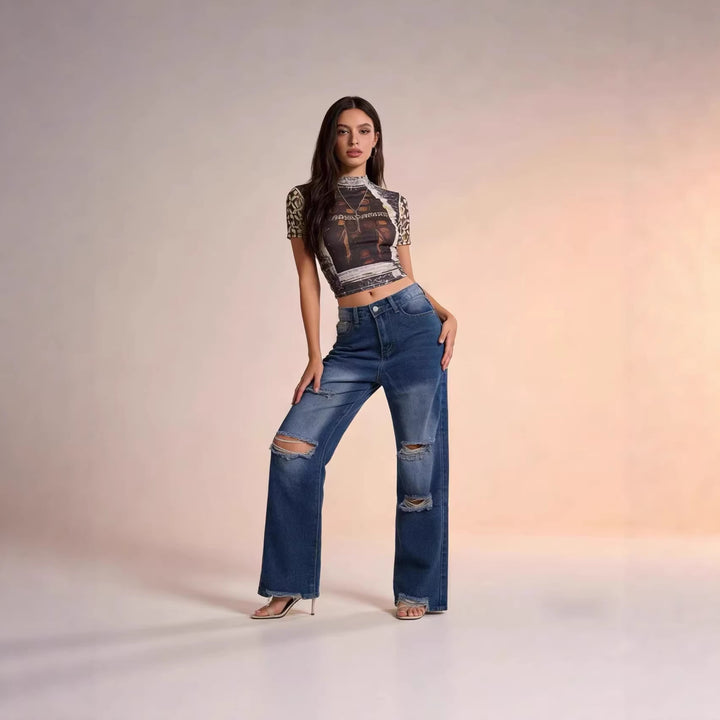Damen nan hochgeschnittene Relaxed-Jeans mit weitem Bein, Knie-Rips und rohem Saum Echo Archiv