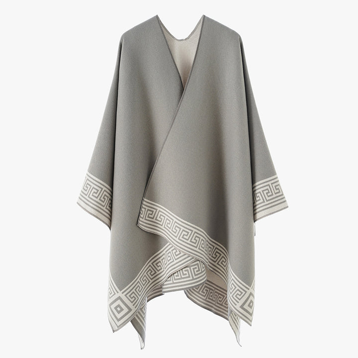 Damen Poncho‑Cape mit griechischer Bordüre, V‑Ausschnitt und kastigem Oversize‑Schnitt – Avérine