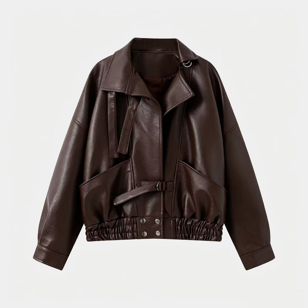 Damen Oversize Lederimitat-Bomberjacke mit elastischem Saum und Taillengürtel Echo Archiv