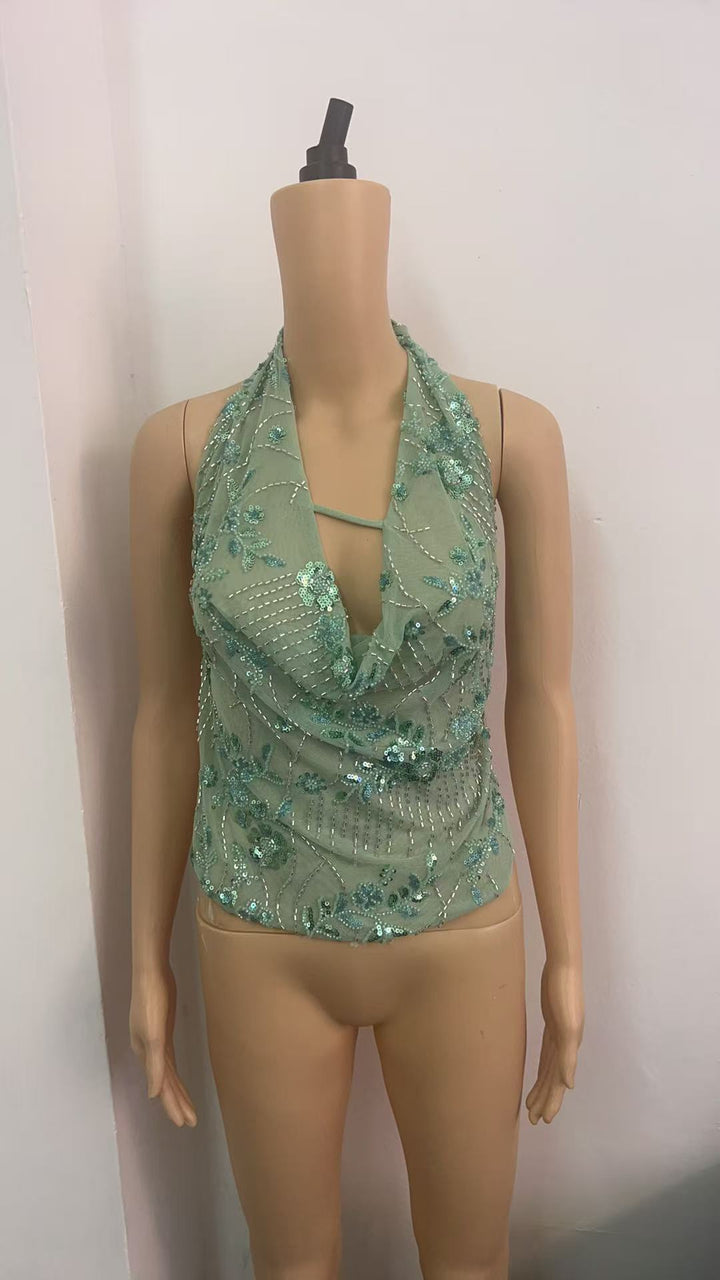 Damen Glitzerndes Spaghetti-Trägeroberteil mit floralen Applikationen und tiefem Ausschnitt Echo Archiv