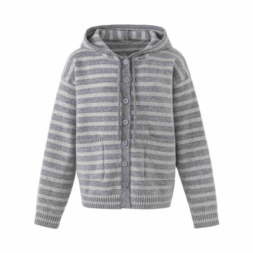 Damen Kapuzenstrickjacke mit Knopfleiste und Blockstreifen Echoarchiv