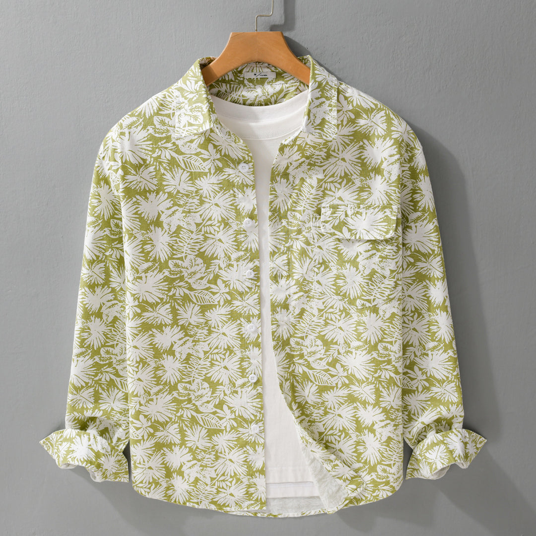Damen Leichtes Blumenprint-Overshirt aus Leinen-Baumwollmix mit Kentkragen und Brusttasche Echoarchiv