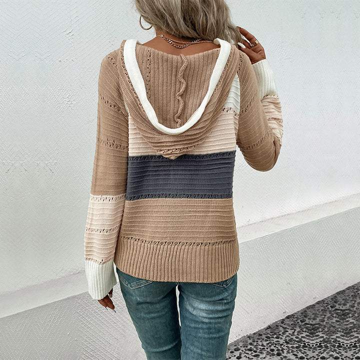 Damen Feinstrick-Kapuzenpullover mit Blockstreifen, V-Ausschnitt und Rippenbündchen Echoarchiv