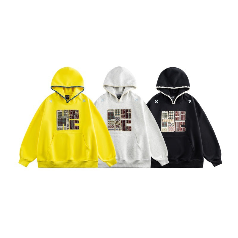 Unisex Weit geschnittener Kapuzenpullover mit Patchwork-Applikation und Kängurutasche Echoarchiv