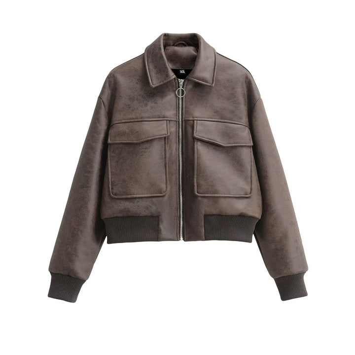 Damen Cropped Bomberjacke im Vintage-Lederlook mit großen Pattentaschen Echoarchiv
