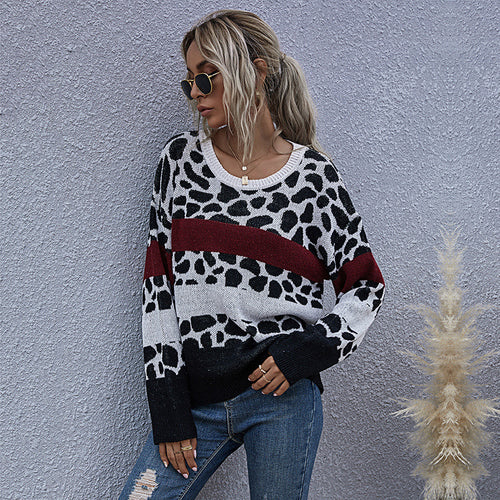Damen Oversize-Strickpullover mit Leo-Jacquard, Colorblock-Streifen & gerippten Abschlüssen Echoarchiv