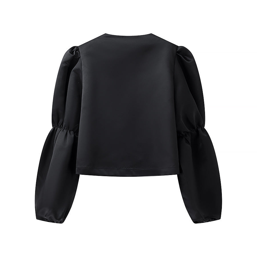 Damen Glänzende Satin‑Bluse mit voluminösen Puffärmeln Echo Archiv