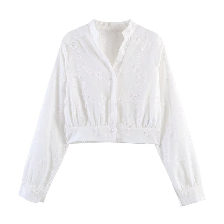 Damen Bestickte Cropped-Bluse mit Stehkragen, Lochstickerei und tailliertem Bund Echoarchiv