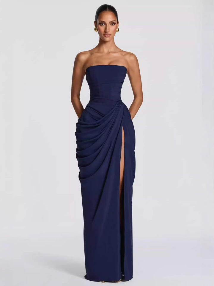 Damen Elegantes Bandeau Abendkleid mit Raffungen und Beinschlitz Echo Archiv