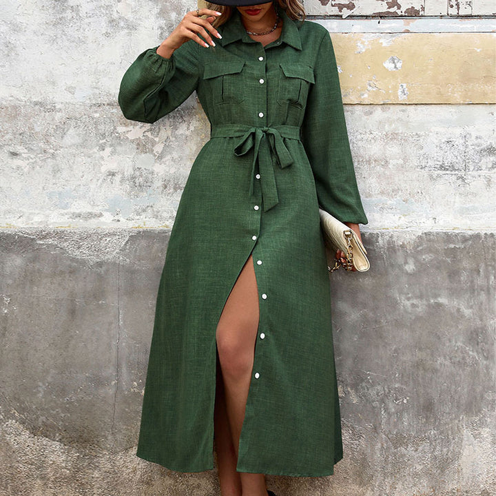 Damen Langärmeliges Hemdblusenkleid im Leinenlook mit Taillenbinder und Frontschlitz – Élara