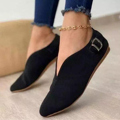 Damen Flache Slipper-Ballerina mit spitz zulaufender Vorderkappe, V‑Ausschnitt und Zierschnalle – Lioré