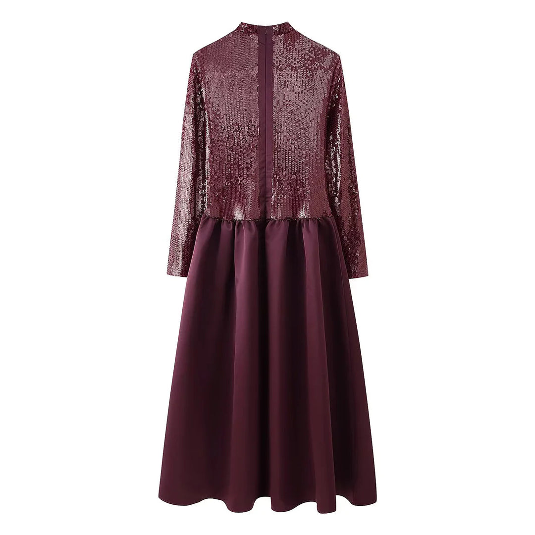 Damen festliches Maxikleid mit Paillettenoberteil, Stehkragen, langen Ärmeln und gerafftem Taillenrock – Valéora