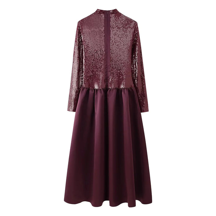 Damen festliches Maxikleid mit Paillettenoberteil, Stehkragen, langen Ärmeln und gerafftem Taillenrock – Valéora