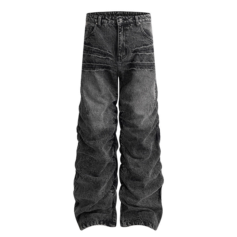 Damen weite High-Waist Denim-Hose im Baggy-Look mit gerafften Beinen und Vintage-Wash Echoarchiv