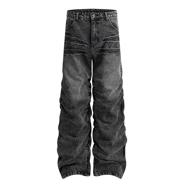 Damen weite High-Waist Denim-Hose im Baggy-Look mit gerafften Beinen und Vintage-Wash Echoarchiv